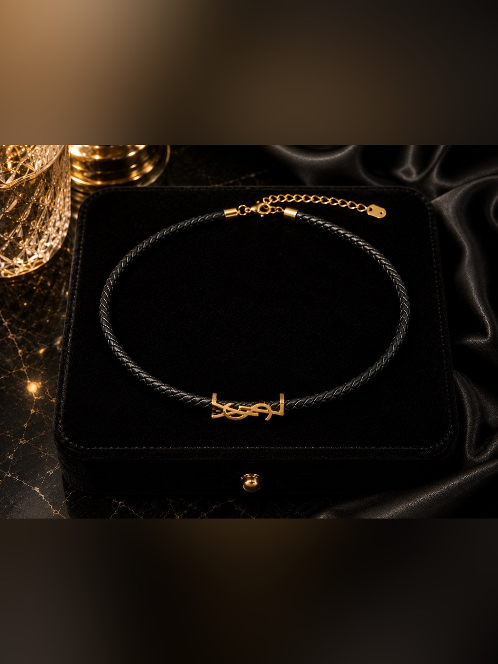 Black Braided Choker with 18K Gold YSL Monogram
